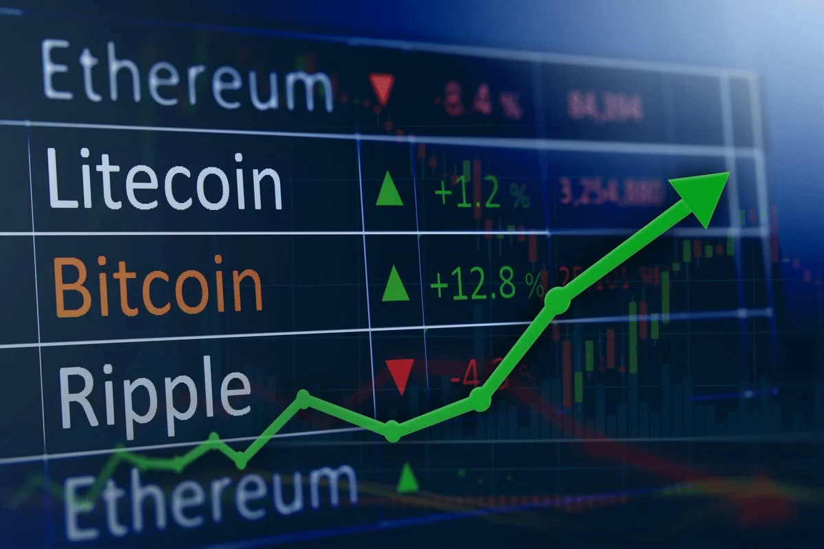 Arrow up on the screen with cryptocurrencies