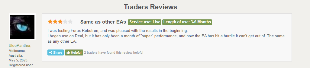 User review for Forex Robotron on Forexpeacearmy