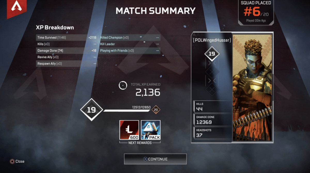 Apex Legend XP earnings interface