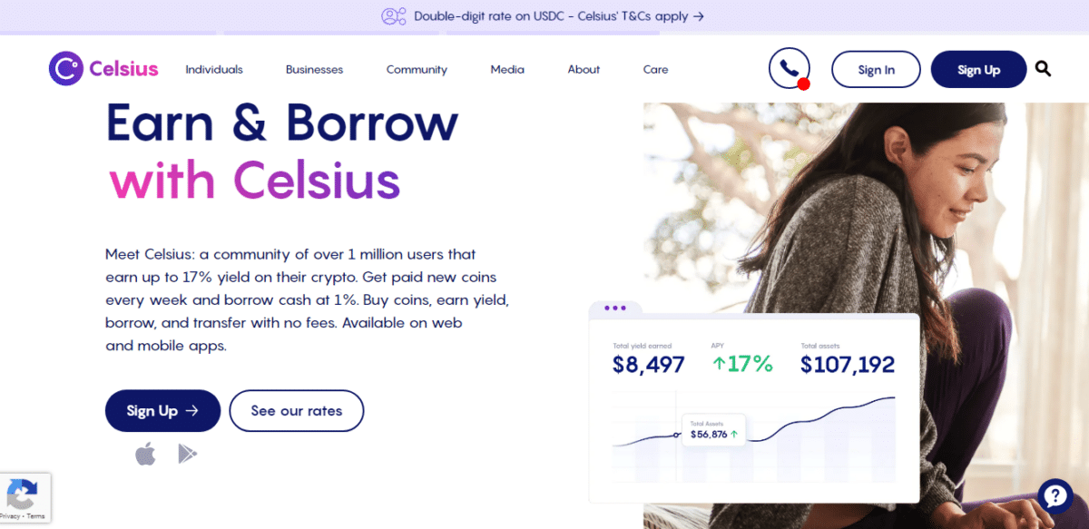 Hompage of the Celsius platform