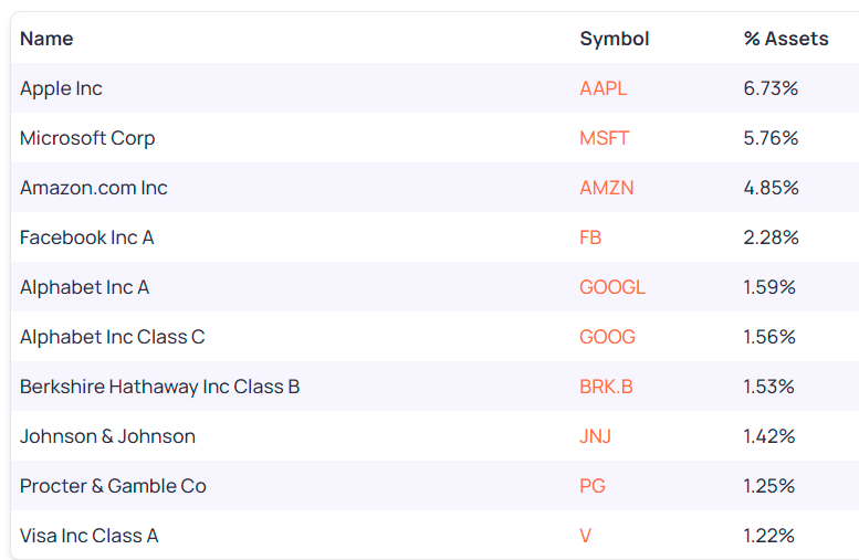 Top 10 holdings of the fund