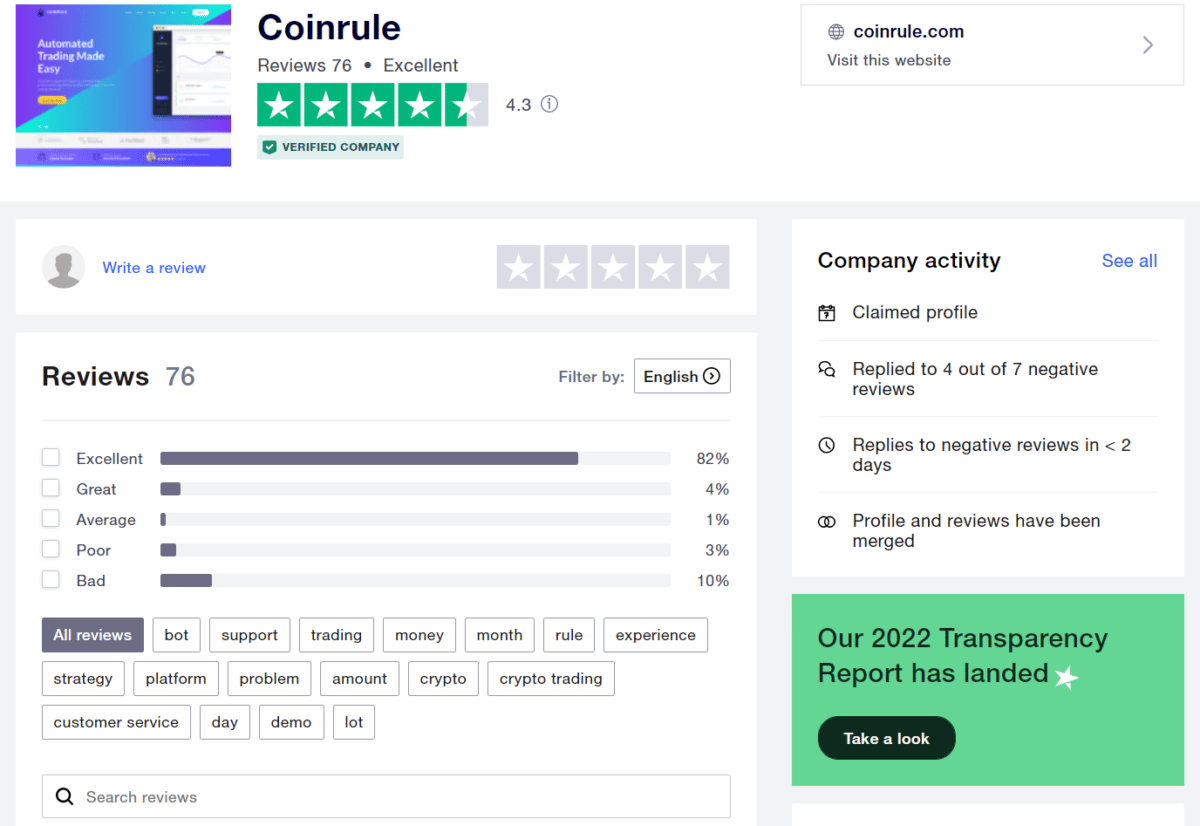 the Coinrule company account on TrustPilot