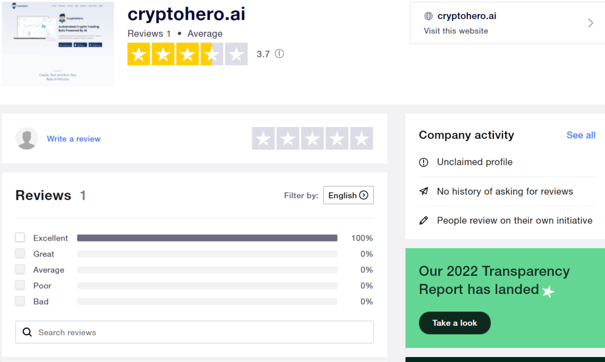 The CryptoHero review page on TrustPilot